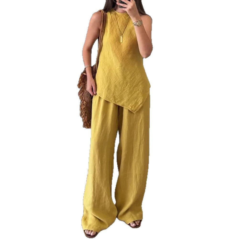 Women's Casual Sleeveless Crew-Neck Two-Piece Set with Pockets