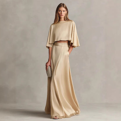 Women's Satin Patchwork Two-Piece Set – Three-Quarter Sleeve Top & Skirt