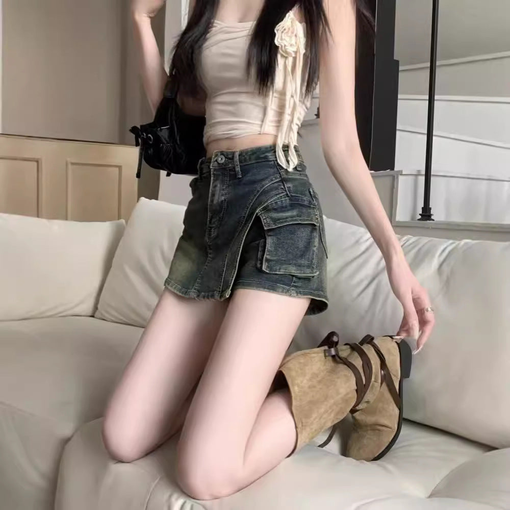 Women's Mid-Waist Denim Skort with Pockets – Straight-Leg Coverage Shorts XS–2XL