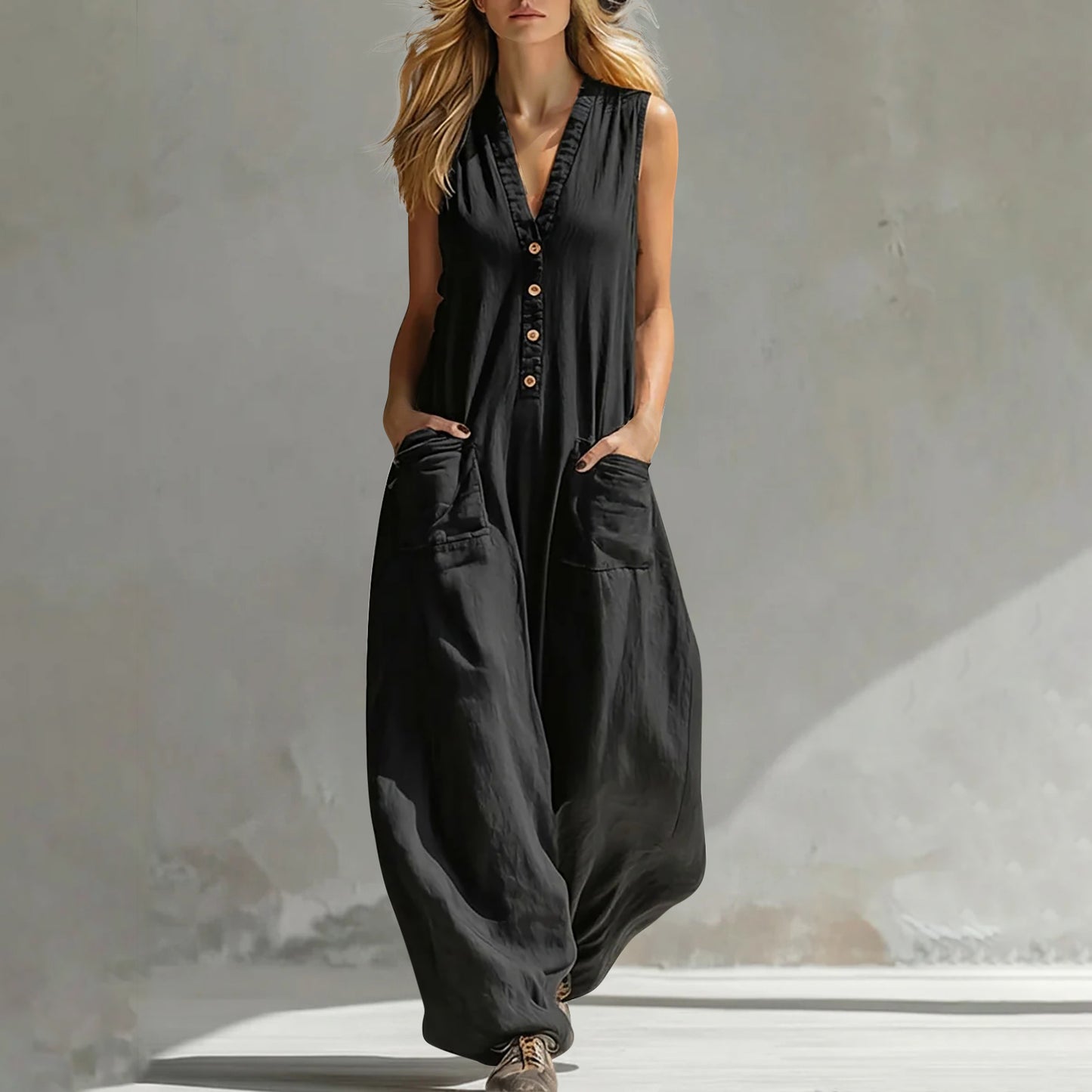Women's Sleeveless Linen-Look Jumpsuit – Casual Strap Style with Two Pockets
