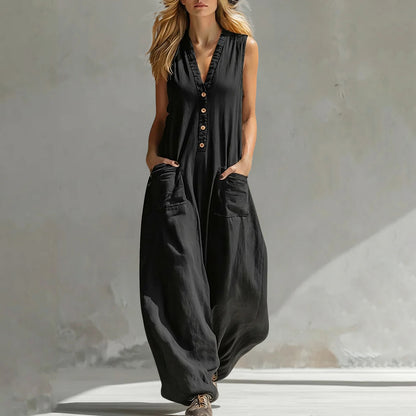 Women's Sleeveless Linen-Look Jumpsuit – Casual Strap Style with Two Pockets