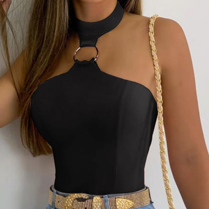 Women's Stand Collar Halter Sleeveless Top – Street Style Black & Pink S–XL