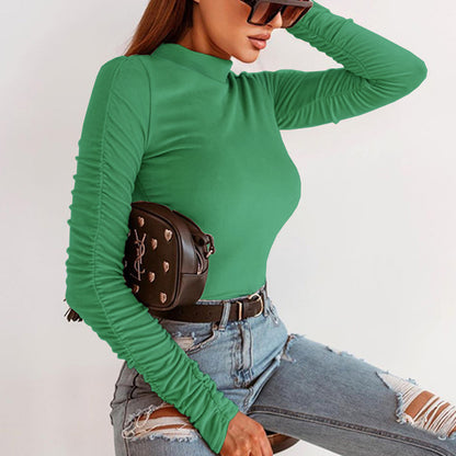 Women's Slim Fit Velvet Pleated Top – Half-High Collar Long Sleeve Pink & Green S–XL