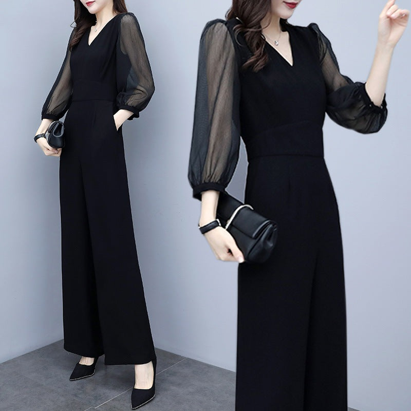 Women's V-Neck High Waist Chiffon Wide Leg Jumpsuit – Black S–3XL