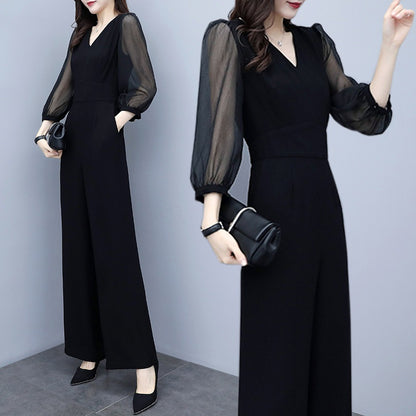 Women's V-Neck High Waist Chiffon Wide Leg Jumpsuit – Black S–3XL