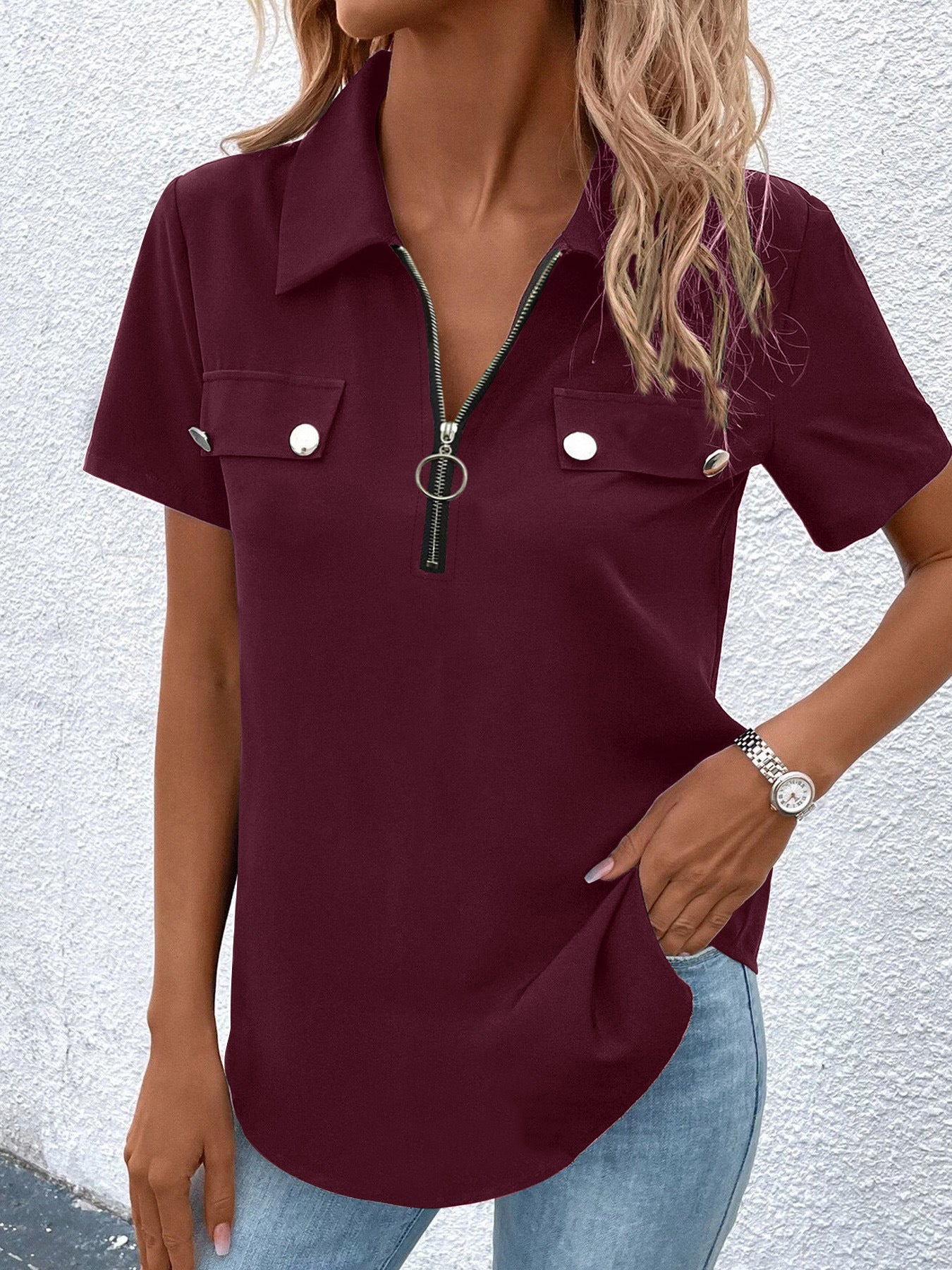 Women's Button Detail Casual T-Shirt – Regular Fit Spandex Top
