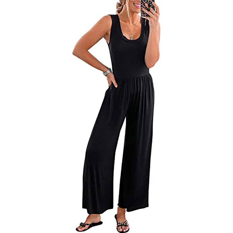 Women's Loose-Fit Sleeveless Stretch Jumpsuit – Minimalist Casual Style Gray Green Navy S–3XL