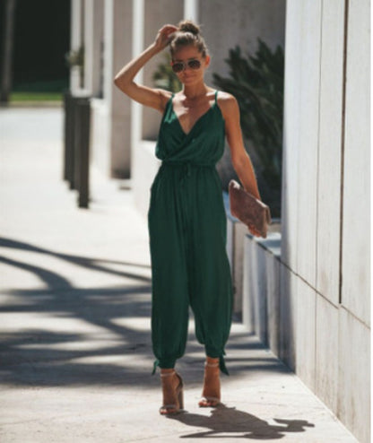 Women's Printed Backless V-Neck Sling Jumpsuit with Pockets – Street Style S–3XL