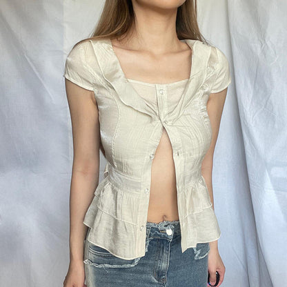 Women's Cinched Button-Up Short Sleeve Top – Retro Girly Style