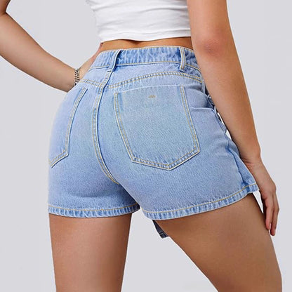 Women's Plus Size High-Waist Denim-Inspired Irregular Hem Shorts – Light Blue XL–4XL