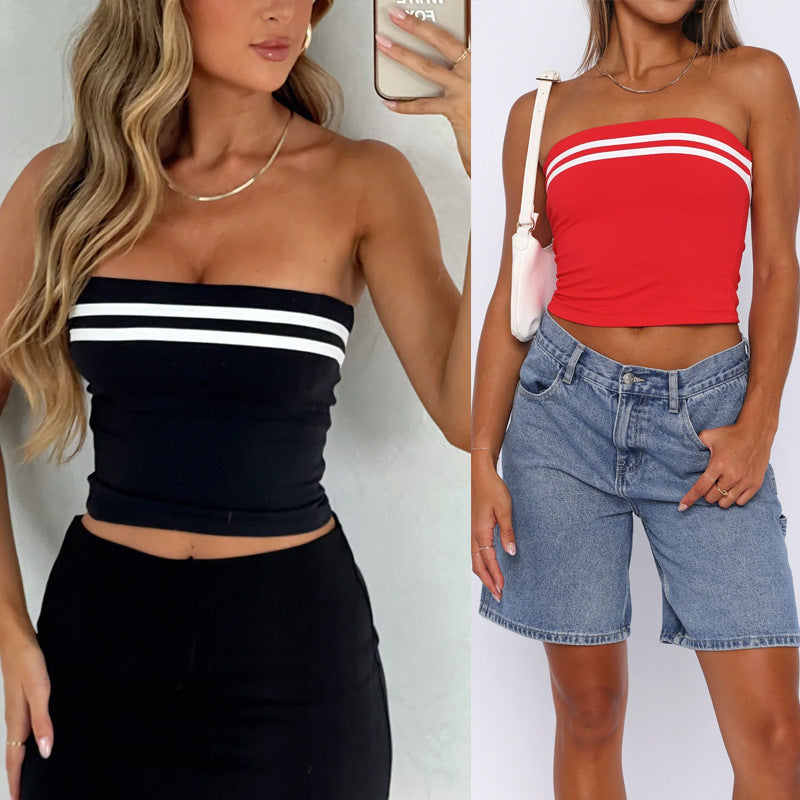 Women's Contrast Color Striped Tube Top – Slim Fit Knit Street Style (Black & Red, S-XL)