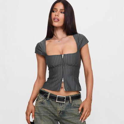 Women's Retro Square Neck Double Zipper Top – Slim Fit Striped
