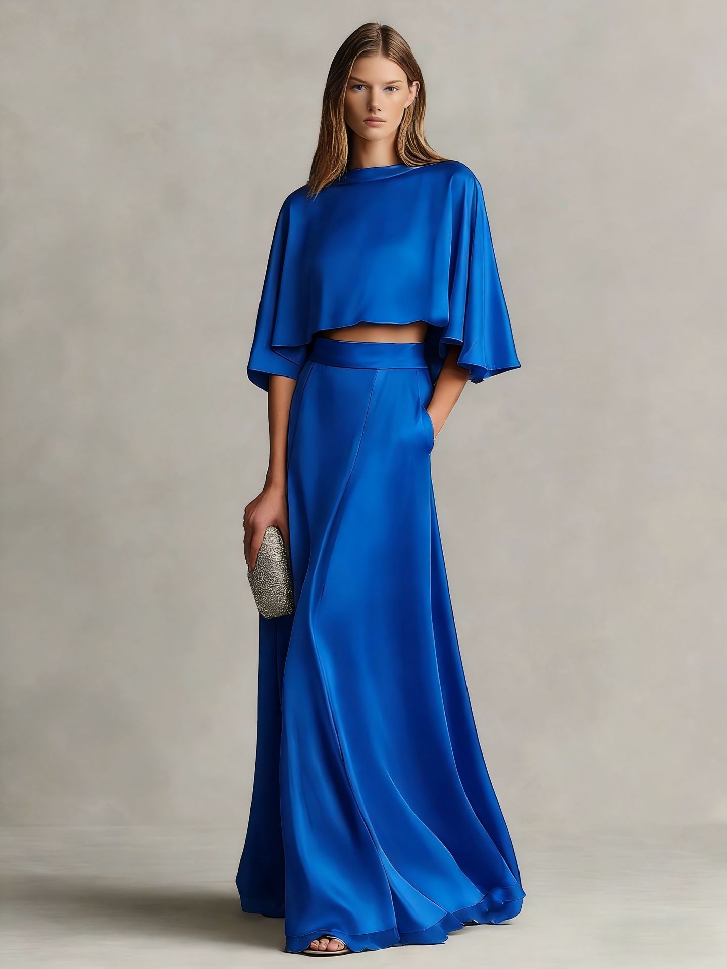 Women's Satin Patchwork Two-Piece Set – Three-Quarter Sleeve Top & Skirt