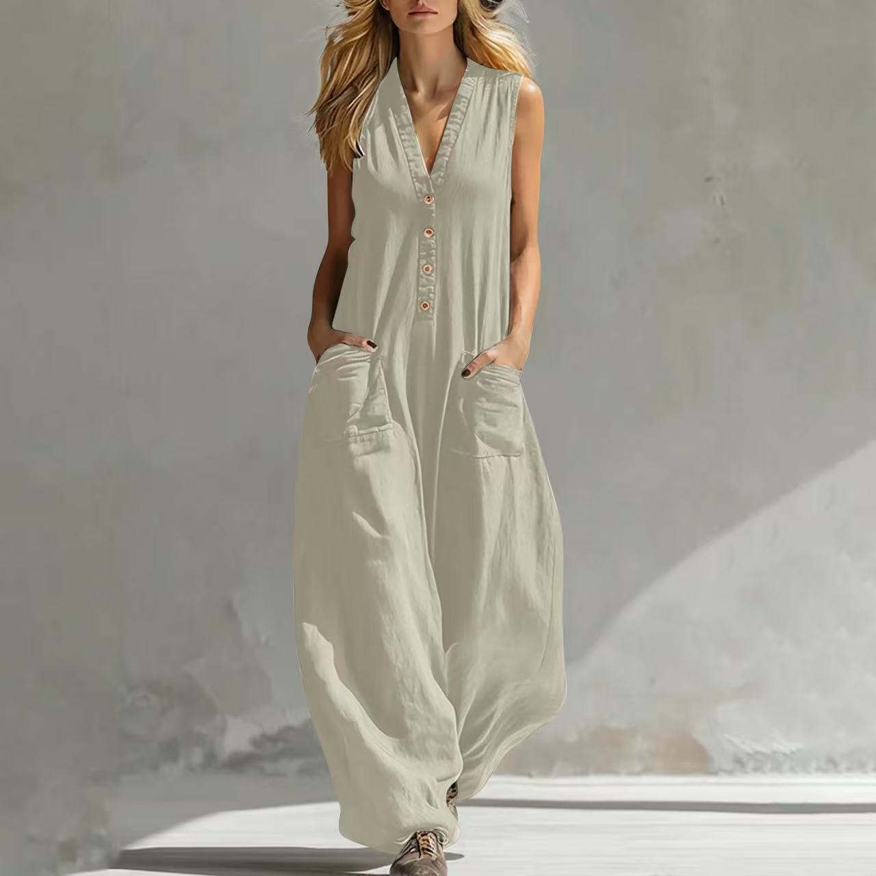 Women's Sleeveless Linen-Look Jumpsuit – Casual Strap Style with Two Pockets
