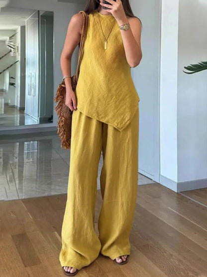 Women's Casual Sleeveless Crew-Neck Two-Piece Set with Pockets