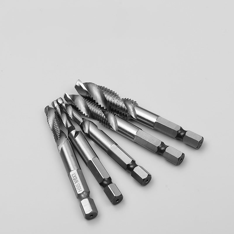 6-Piece Metric Composite Tap Set – 1/4" Hex Shank, High-Speed Steel (Natural, Titanium & Blue Plated)