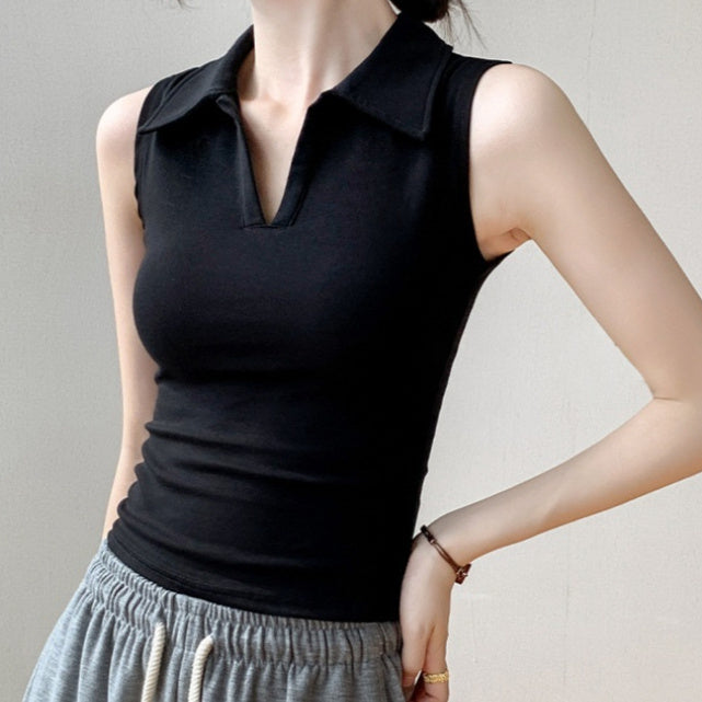 Women's Sleeveless Lapel Slim Fit Cotton Blouse