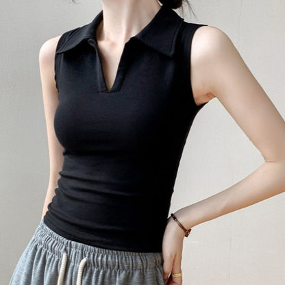 Women's Sleeveless Lapel Slim Fit Cotton Blouse