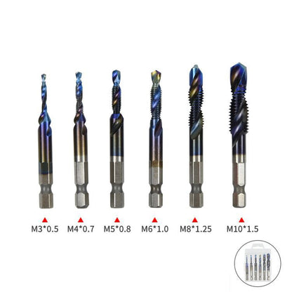 6-Piece Metric Composite Tap Set – 1/4" Hex Shank, High-Speed Steel (Natural, Titanium & Blue Plated)