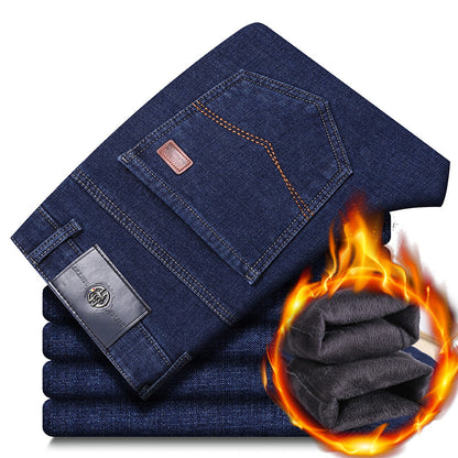 Men's Warm Fleece-Lined Stretch Denim Pants – Relaxed Straight Leg 29–40