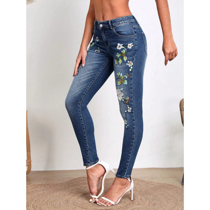 Women's Flower Embroidered Skinny Jeans – High Waist Slim Fit Denim