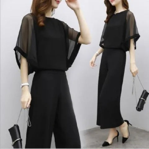 Women's Cropped Top & High-Waist Wide-Leg Pants Two-Piece Set – 3/4 Sleeve Polyester