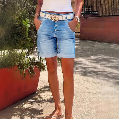 Women's Mid-Waist Cropped Denim Pants – Rolled Hem Button Detail S–XXL