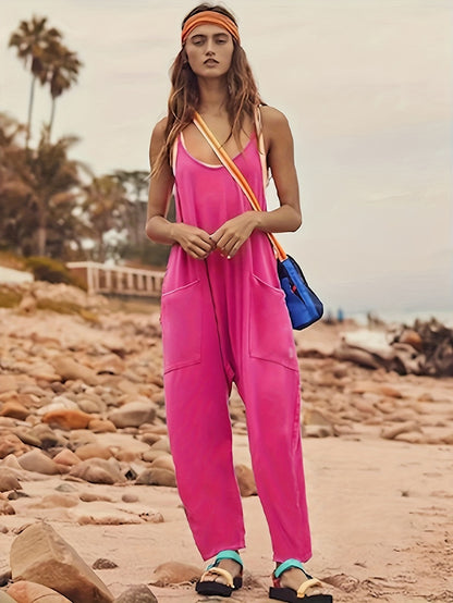 Women's Spaghetti Strap Loose Jumpsuit – Wide Leg Pockets & Zipper S–4XL
