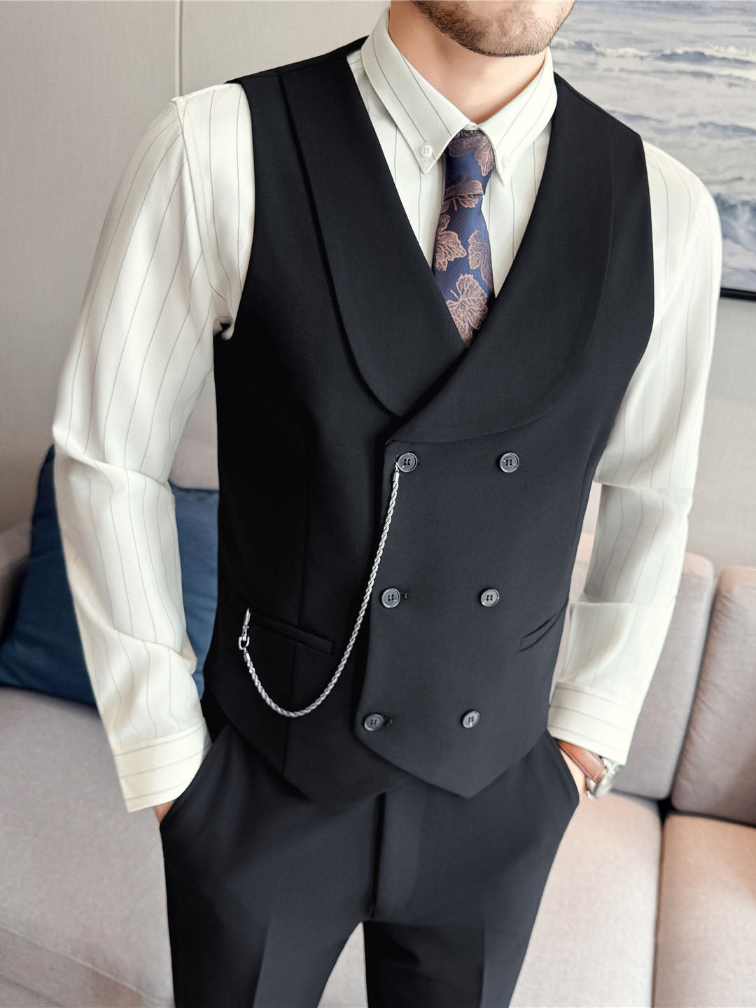 Men's Double-Breasted Shawl Collar Vest – Elegant Yarn-Dyed Waistcoat