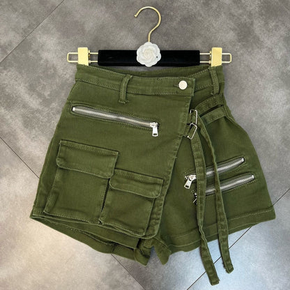 Women's Mid-Waist Cotton Denim Hot Pants – Belt Loop Detail in Green & Black S–XL
