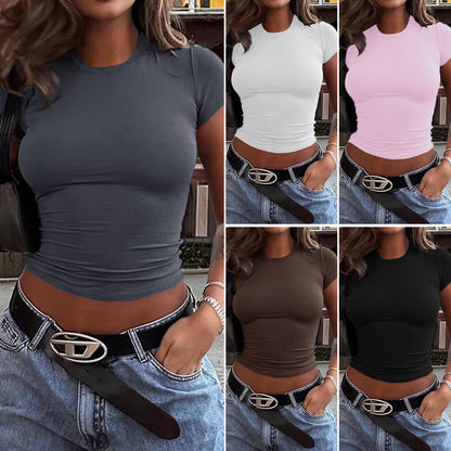 Women's Solid Color Midriff Crop Top – Slim Fit Short Sleeve in 7 Colors (S-XL)