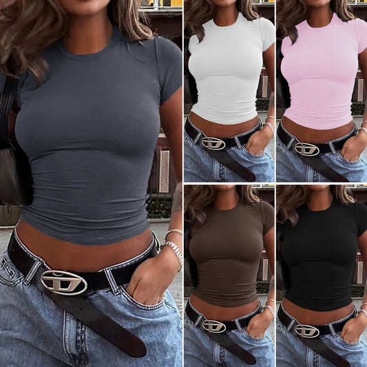 Women's Solid Color Midriff Crop Top – Slim Fit Short Sleeve in 7 Colors (S-XL)