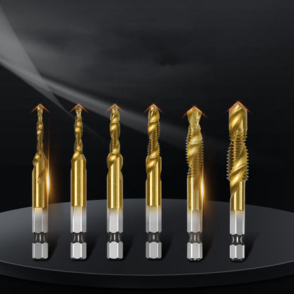 6-Piece Metric Composite Tap Set – 1/4" Hex Shank, High-Speed Steel (Natural, Titanium & Blue Plated)