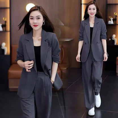 Women's Plus Size Casual Blazer & Wide-Leg Pants Two-Piece Set – Loose Slimming Fit