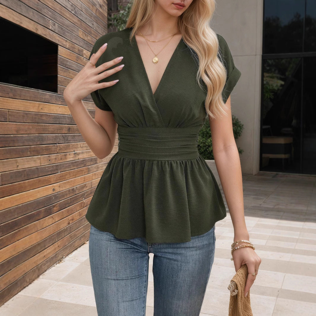 Women's V-Neck Pleated High-Waist Fitted Shirt Top