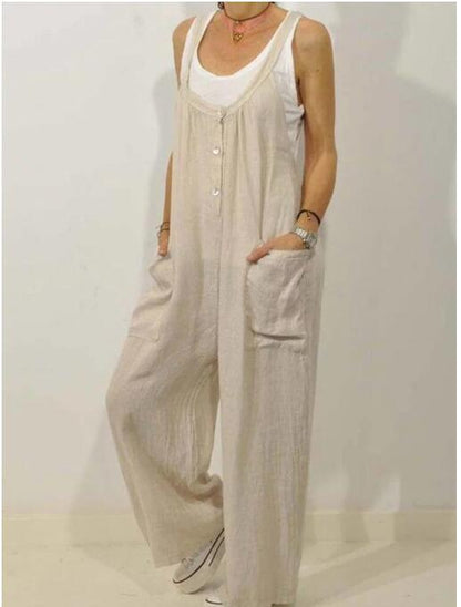 Women's Cotton Romper with Pockets – Elastic Waist Button Detail S–5XL