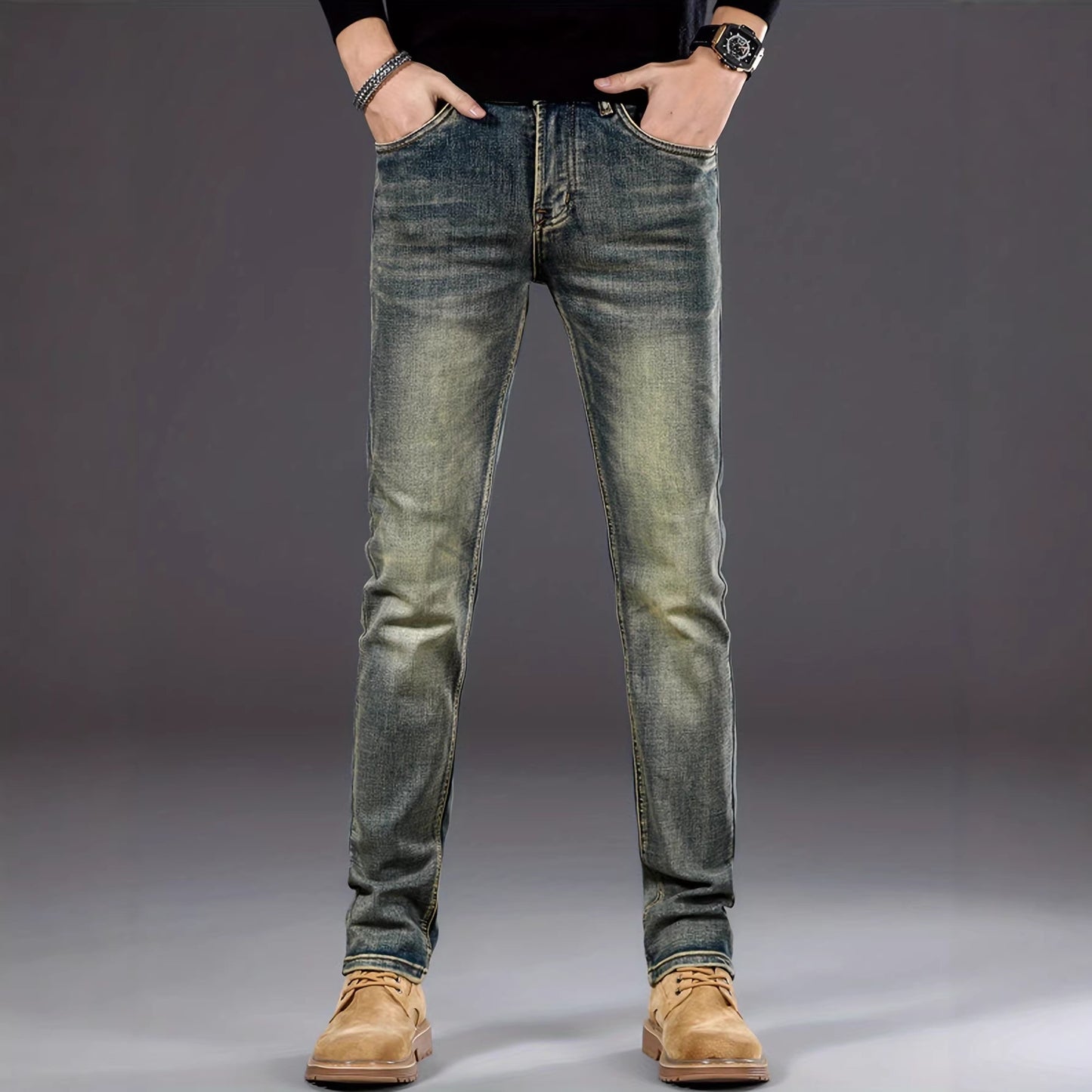 Men's Retro Blue Skinny Jeans – Slim Fit Stretch Streetwear Denim