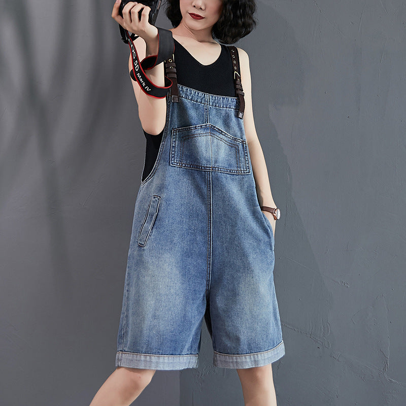 Women's High-Waist Wide-Leg Distressed Denim Overall Shorts – Blue S–2XL