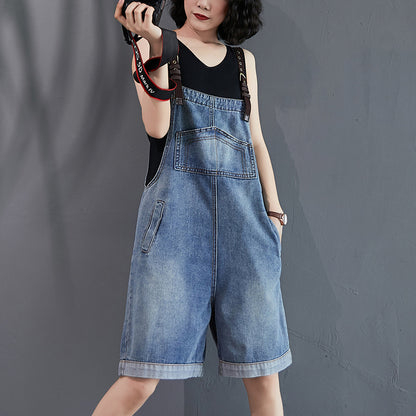Women's High-Waist Wide-Leg Distressed Denim Overall Shorts – Blue S–2XL