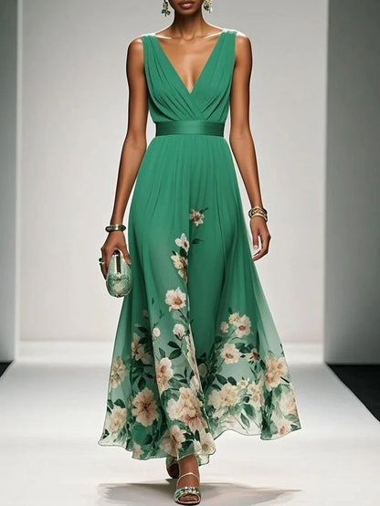 Women's Elegant V-Neck Sleeveless Maxi Evening Gown – High Waist Long Dress