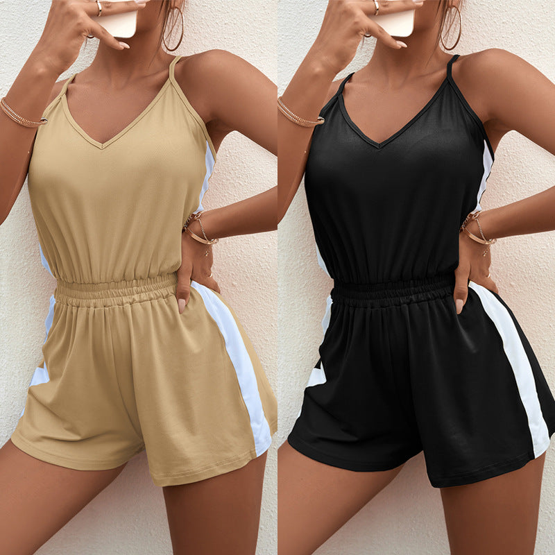 Women's V-Neck Halter Shorts Jumpsuit – Urban Casual Black & Khaki S–XL