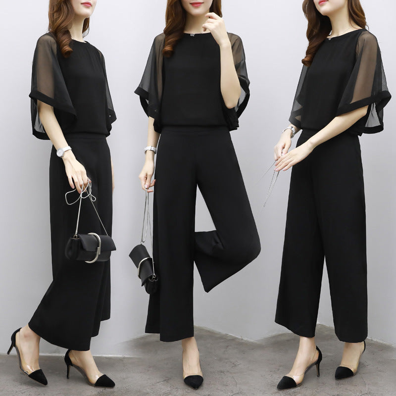 Women's Cropped Top & High-Waist Wide-Leg Pants Two-Piece Set – 3/4 Sleeve Polyester