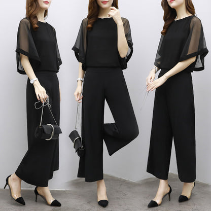 Women's Cropped Top & High-Waist Wide-Leg Pants Two-Piece Set – 3/4 Sleeve Polyester