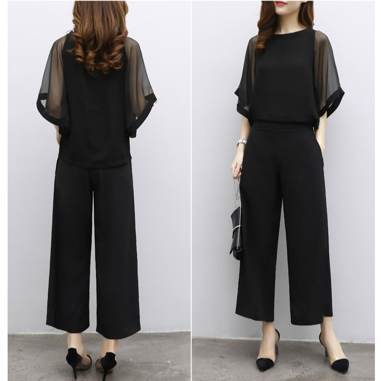Women's Cropped Top & High-Waist Wide-Leg Pants Two-Piece Set – 3/4 Sleeve Polyester