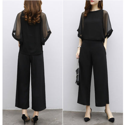 Women's Cropped Top & High-Waist Wide-Leg Pants Two-Piece Set – 3/4 Sleeve Polyester