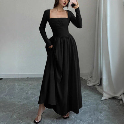Women's Mock Two-Piece Square Neck Long Sleeve Dress – Jacquard Patchwork Maxi