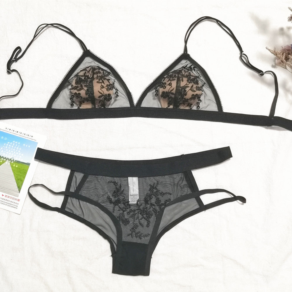 Women's Flocked Embroidered Mesh Bra & Panty Set – Wire-Free Lingerie S–XL