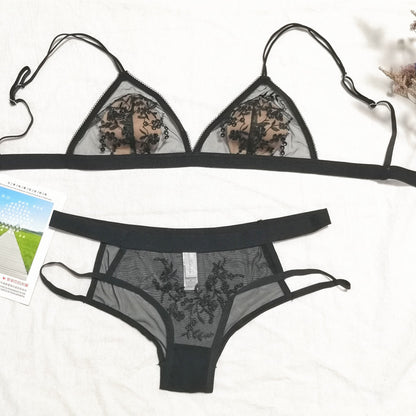 Women's Flocked Embroidered Mesh Bra & Panty Set – Wire-Free Lingerie S–XL