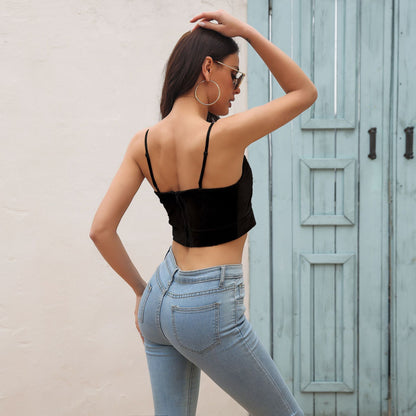 Women's Gold Velvet V-Neck Camisole – Open Back Tie-Up Slit Top
