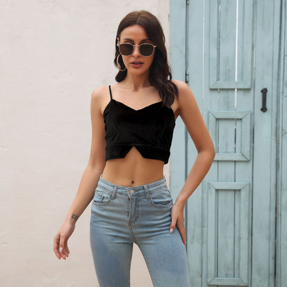 Women's Gold Velvet V-Neck Camisole – Open Back Tie-Up Slit Top